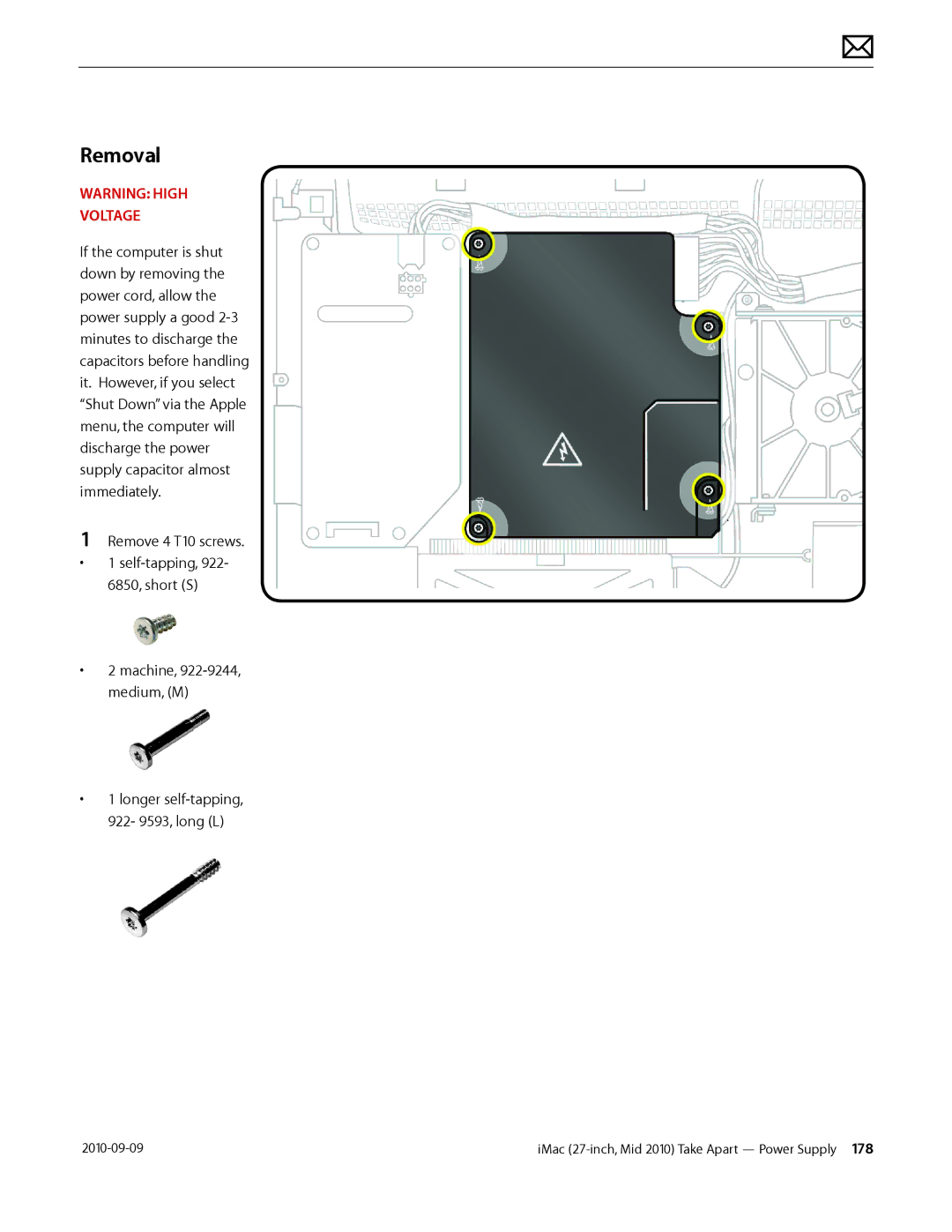 Apple MD094LL/A manual Remove 4 T10 screws Self-tapping, 922- 6850, short S, Longer self-tapping 922- 9593, long L 