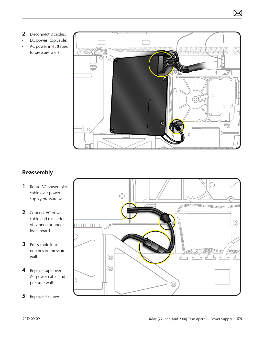 Apple MD094LL/A manual Route AC power inlet cable over power supply pressure wall 