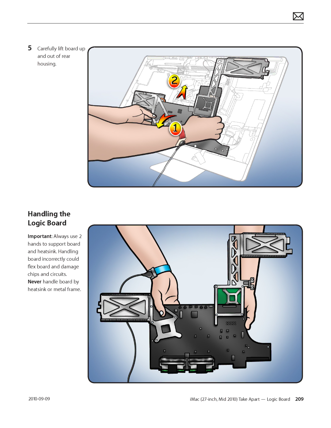 Apple MD094LL/A manual Handling Logic Board, Carefully lift board up and out of rear housing 