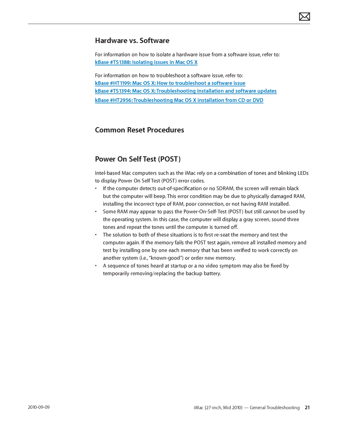 Apple MD094LL/A manual Hardware vs. Software, Common Reset Procedures Power On Self Test Post 