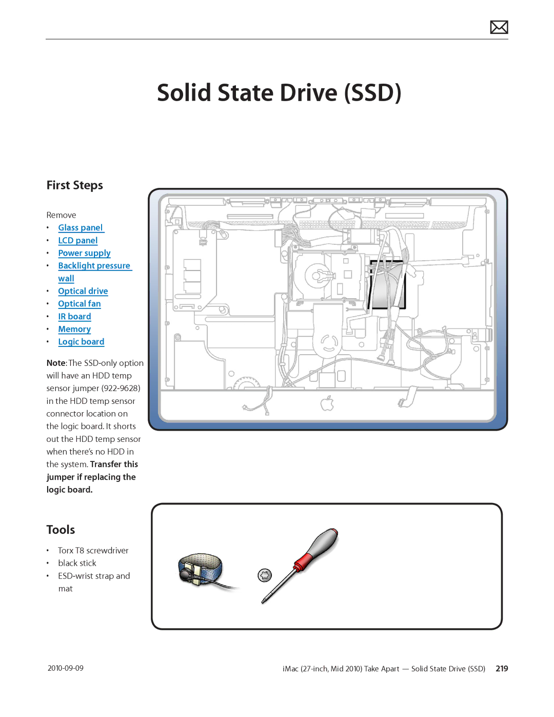 Apple MD094LL/A manual Solid State Drive SSD, Torx T8 screwdriver Black stick ESD-wrist strap and mat 