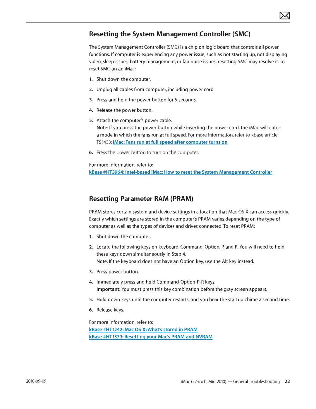 Apple MD094LL/A manual Resetting the System Management Controller SMC, Resetting Parameter RAM Pram 