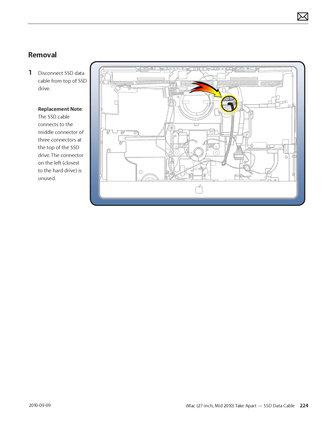 Apple MD094LL/A manual Removal, Disconnect SSD data cable from top of SSD drive 