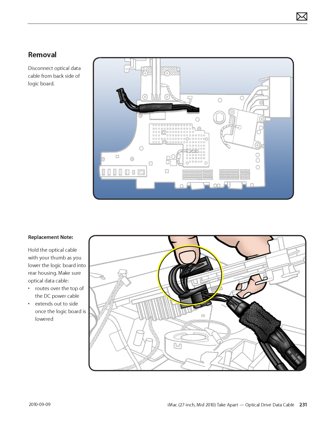 Apple MD094LL/A manual Disconnect optical data cable from back side of logic board, Replacement Note 