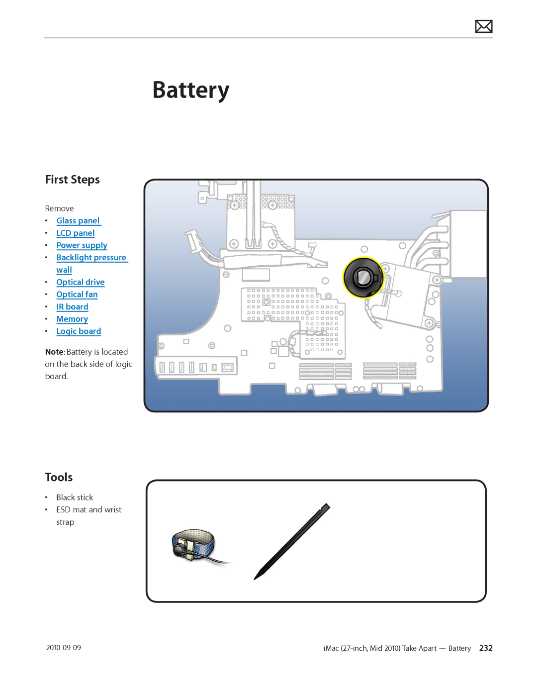 Apple MD094LL/A manual Battery, Black stick ESD mat and wrist strap 