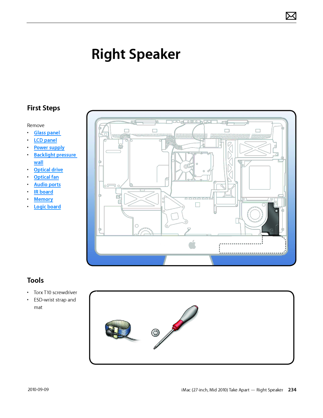 Apple MD094LL/A manual Right Speaker, Torx T10 screwdriver ESD-wrist strap and mat 