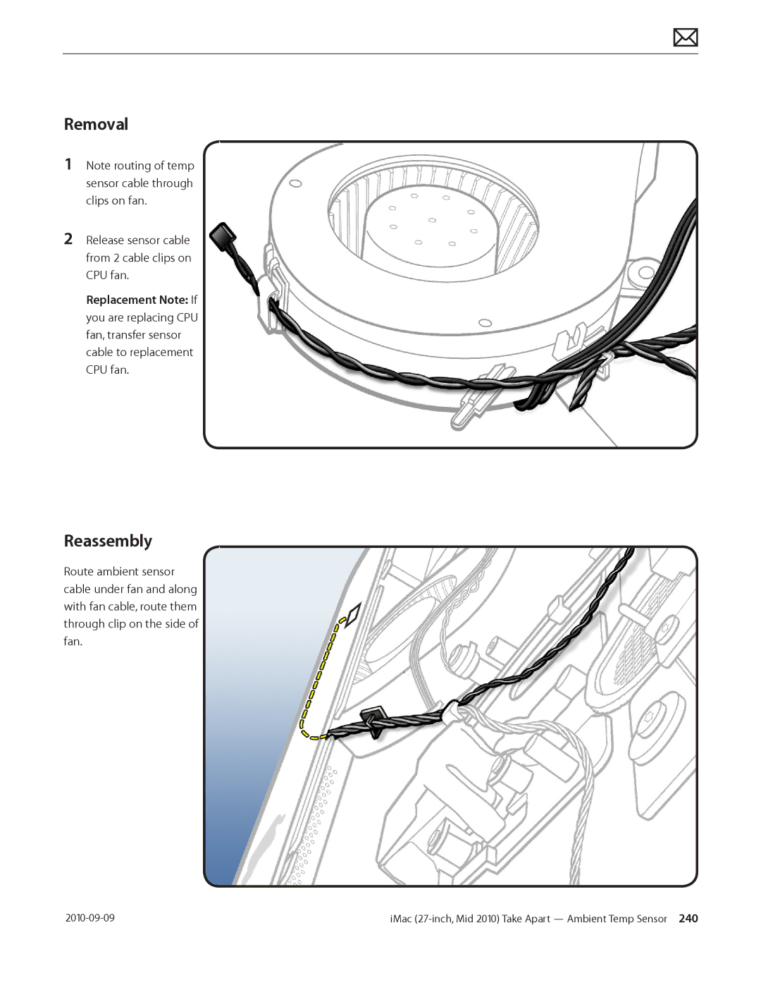 Apple MD094LL/A manual Removal, Release sensor cable from 2 cable clips on CPU fan 