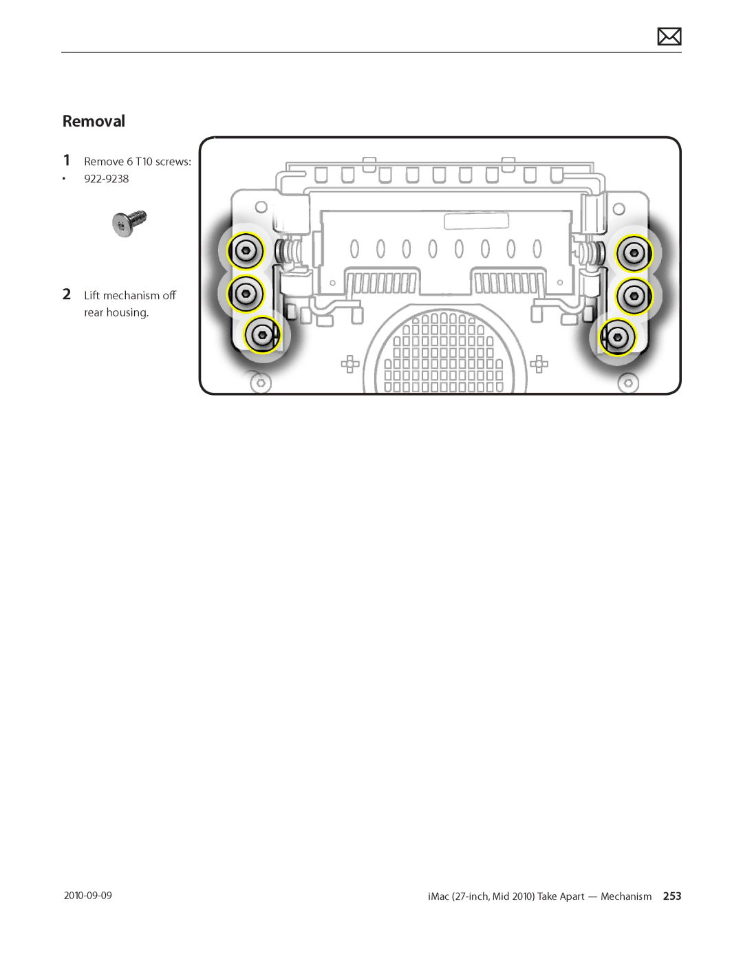 Apple MD094LL/A manual Remove 6 T10 screws 922-9238 Lift mechanism off rear housing 