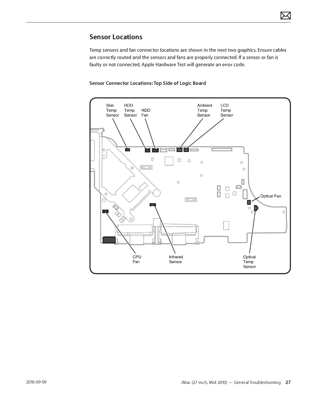 Apple MD094LL/A manual Sensor Locations, Sensor Connector Locations Top Side of Logic Board 