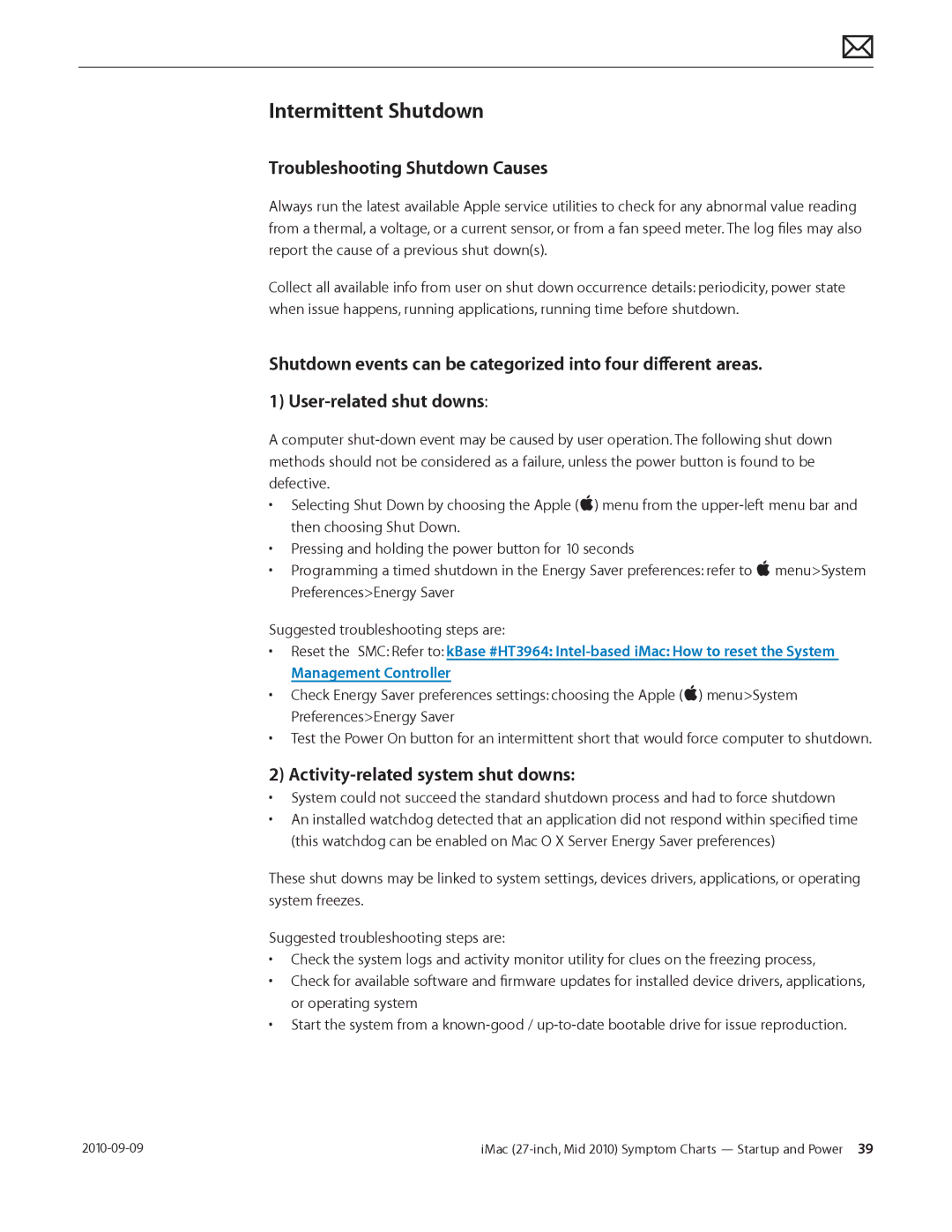 Apple MD094LL/A manual Intermittent Shutdown, Troubleshooting Shutdown Causes 