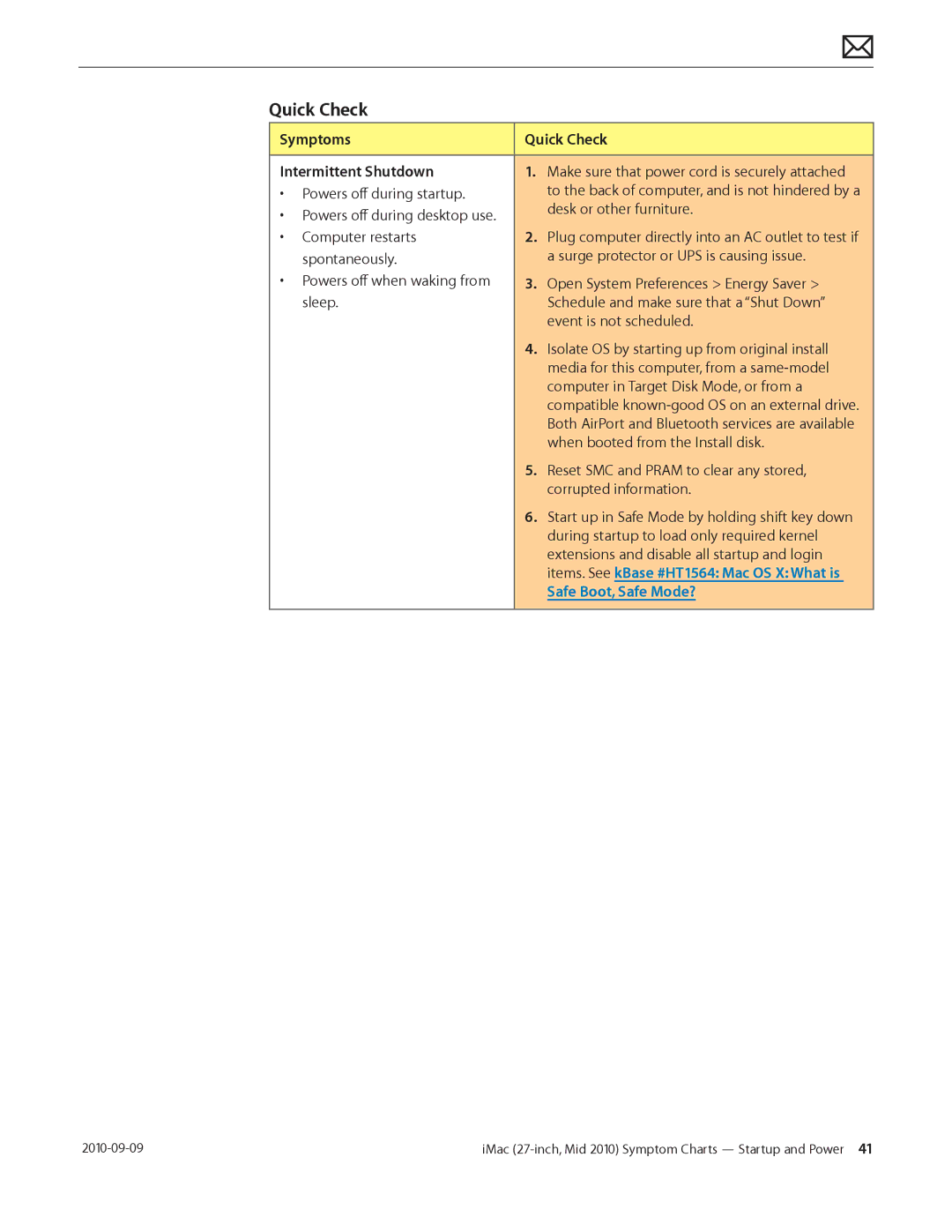 Apple MD094LL/A manual Symptoms Quick Check Intermittent Shutdown, Make sure that power cord is securely attached 