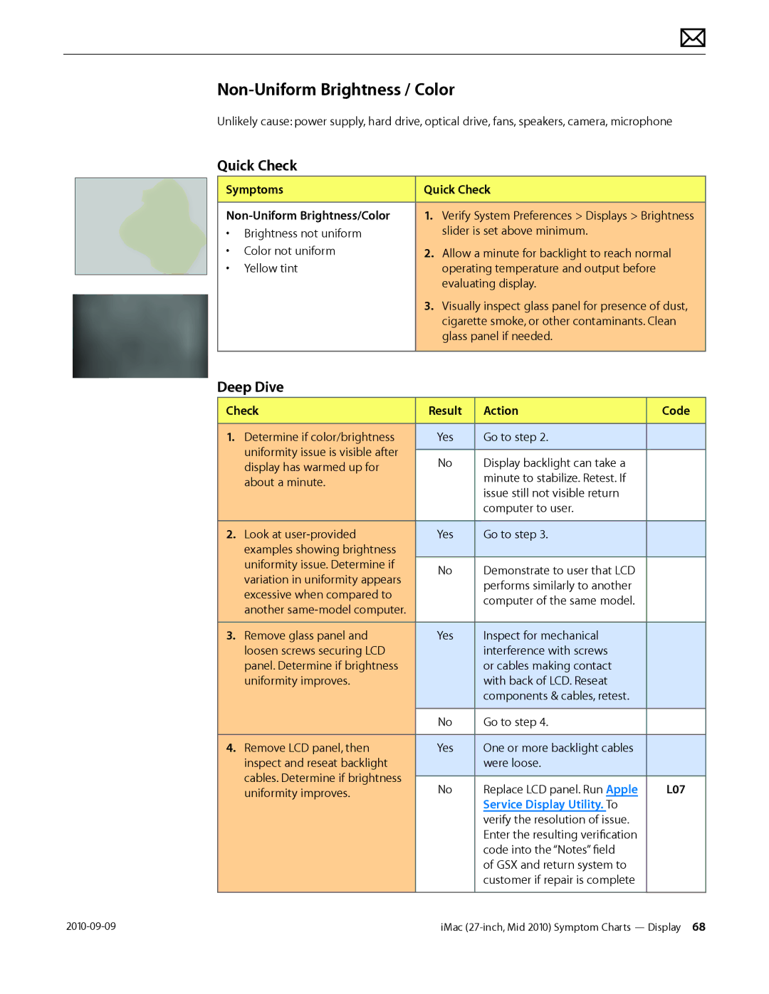 Apple MD094LL/A manual Non-Uniform Brightness / Color, Symptoms Quick Check Non-Uniform Brightness/Color 