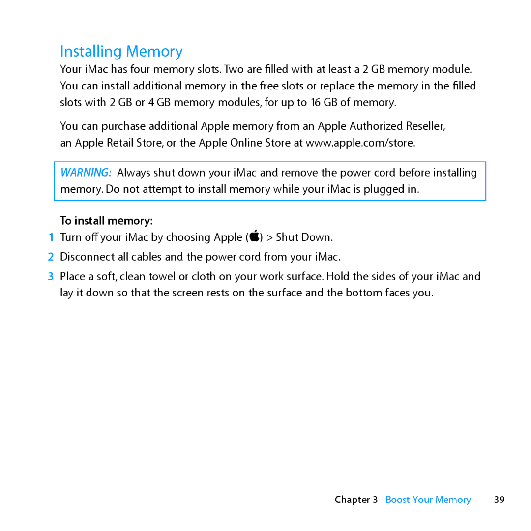 Apple MC812LL/A, MD096LL/A manual Installing Memory, To install memory 