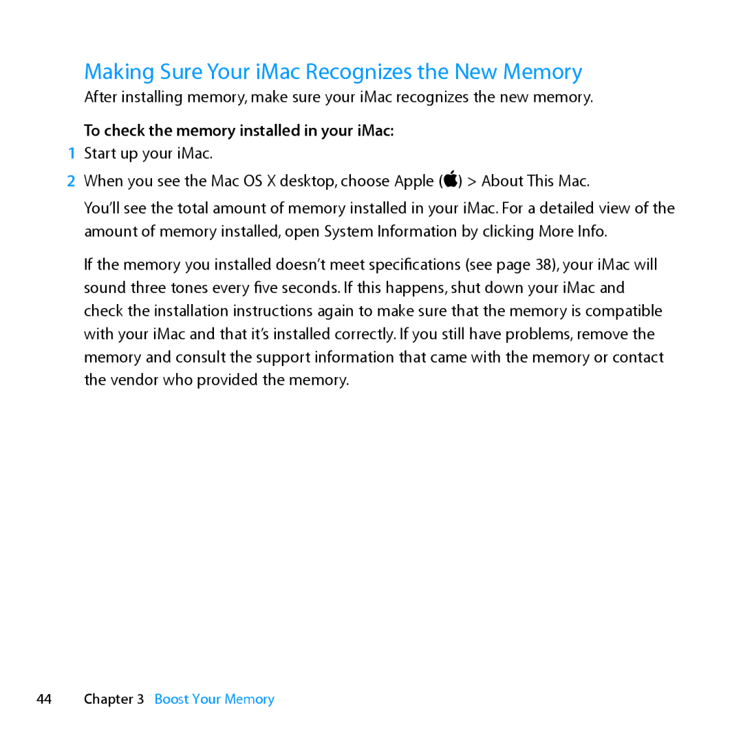 Apple MD096LL/A, MC812LL/A Making Sure Your iMac Recognizes the New Memory, To check the memory installed in your iMac 