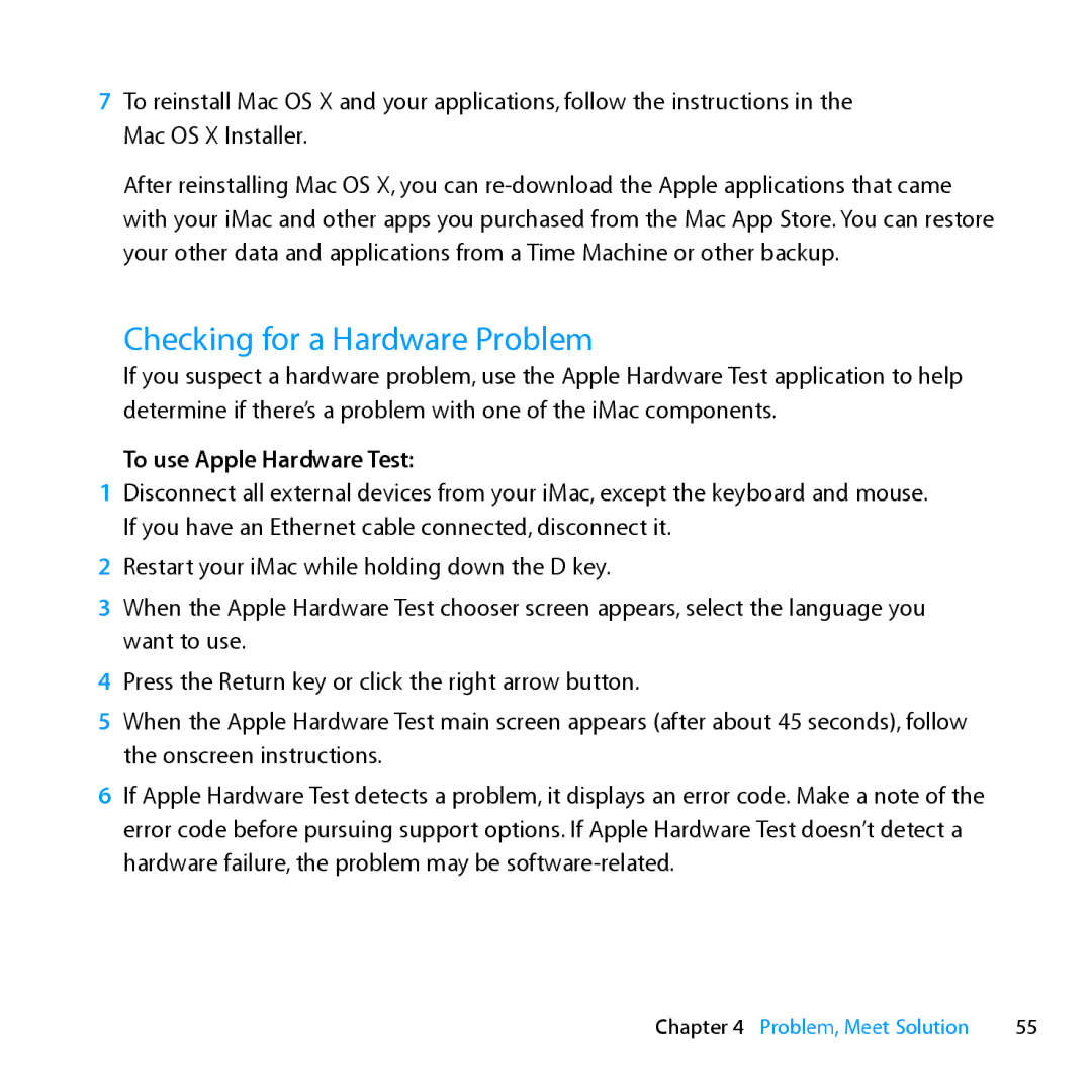 Apple MC812LL/A, MD096LL/A manual Checking for a Hardware Problem, To use Apple Hardware Test 