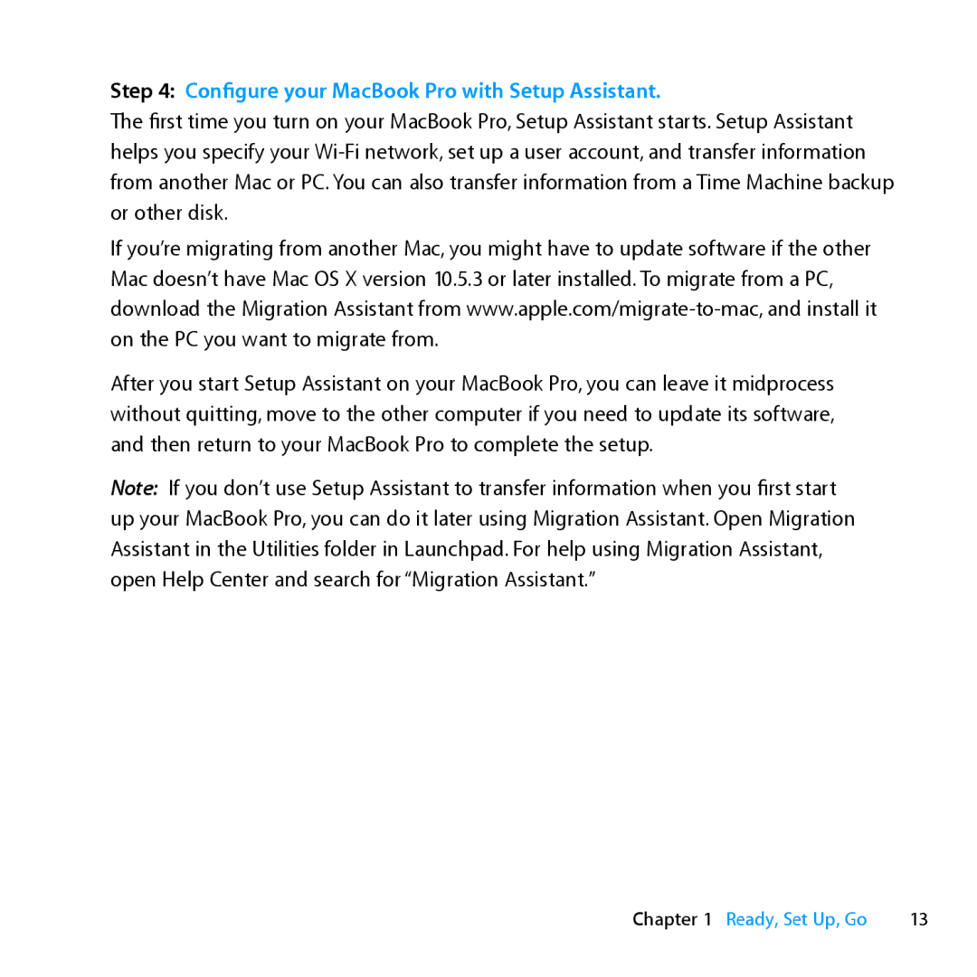Apple MC976LL/A, MD101LL/A, MD104LL/A manual Configure your MacBook Pro with Setup Assistant 