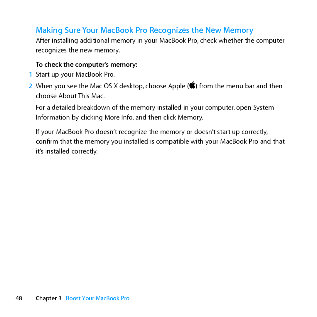 Apple MD101LL/A, MC976LL/A manual Making Sure Your MacBook Pro Recognizes the New Memory, To check the computer’s memory 