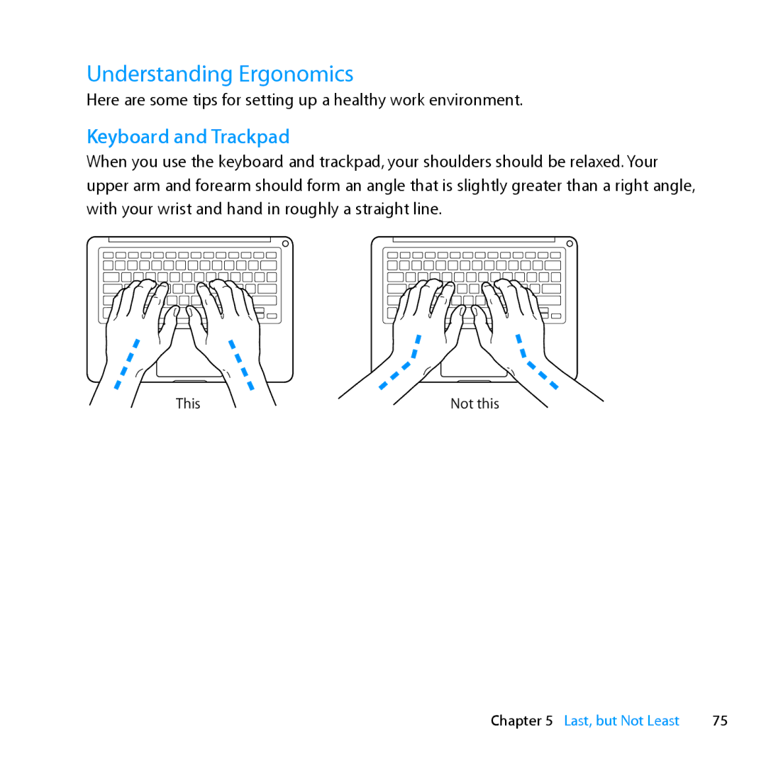 Apple MD101LL/A, MC976LL/A, MD104LL/A manual Understanding Ergonomics, Keyboard and Trackpad 