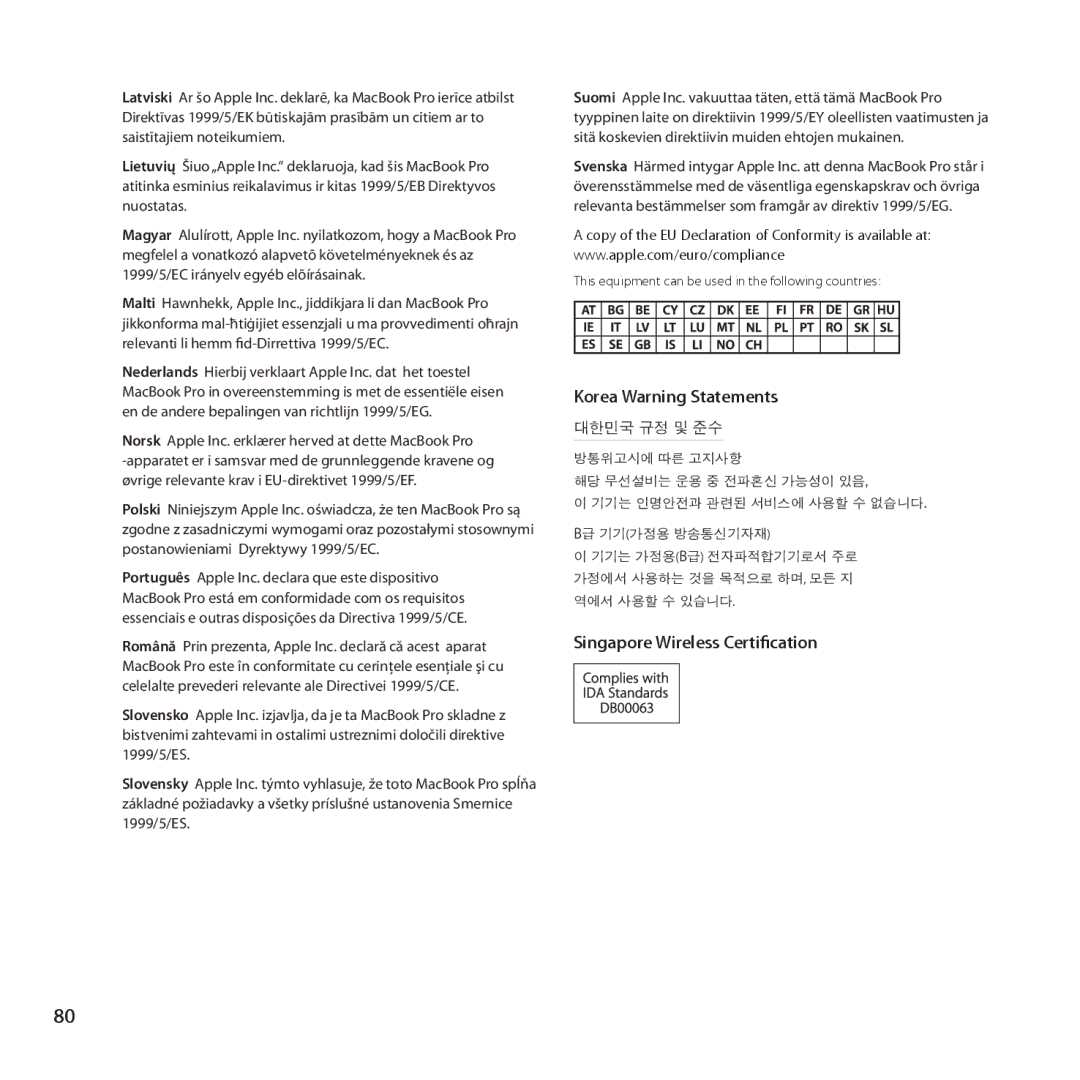 Apple MD104LL/A, MD101LL/A, MC976LL/A manual Korea Warning Statements 