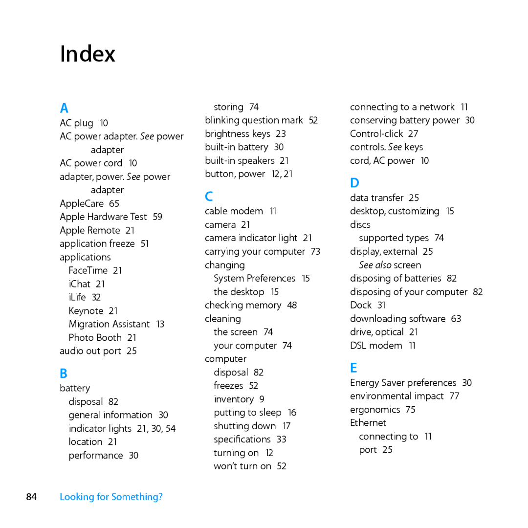 Apple MD101LL/A, MC976LL/A, MD104LL/A manual Index 