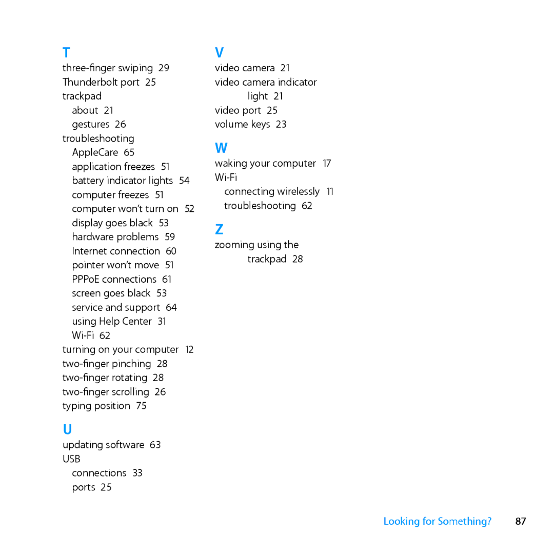 Apple MD101LL/A, MC976LL/A, MD104LL/A manual Three-finger swiping 29 Thunderbolt port 25 trackpad 