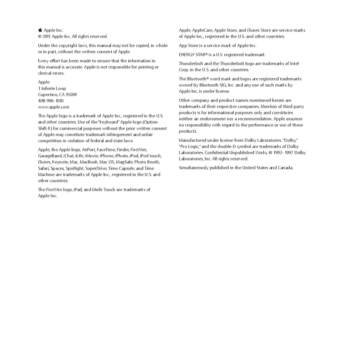 Apple MC976LL/A, MD101LL/A, MD104LL/A manual Simultaneously published in the United States and Canada 