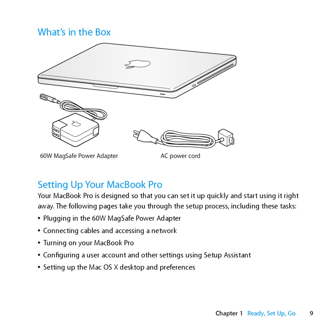 Apple MD101LL/A, MC976LL/A, MD104LL/A manual What’s in the Box, Setting Up Your MacBook Pro 