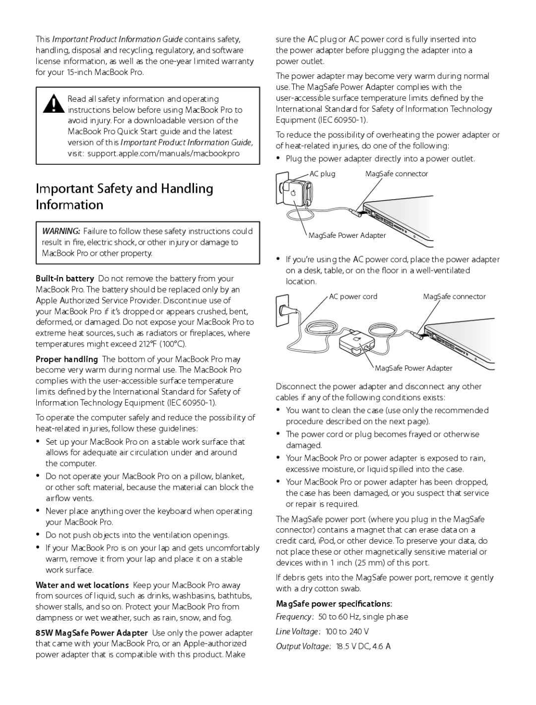 Apple MD103LL/A, MD101LL/A, MD102LL/A, MD104LL/A Important Safety and Handling Information, MagSafe power specifications 