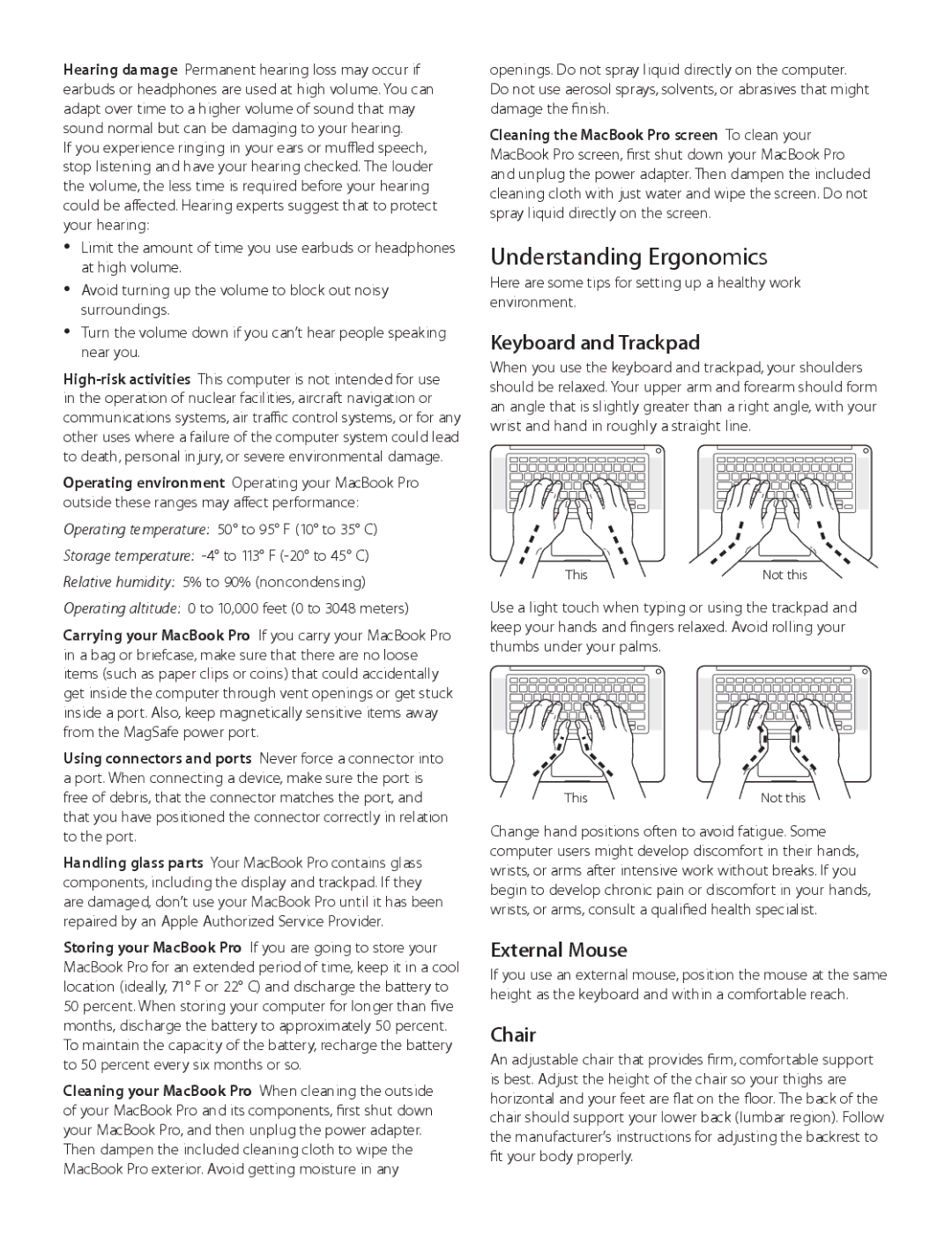 Apple MD104LL/A, MD101LL/A, MD102LL/A, MD103LL/A manual Understanding Ergonomics, Keyboard and Trackpad, External Mouse, Chair 