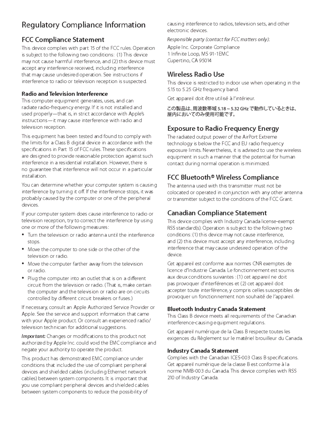 Apple MD102LL/A, MD101LL/A, MD103LL/A, MD104LL/A manual Regulatory Compliance Information 