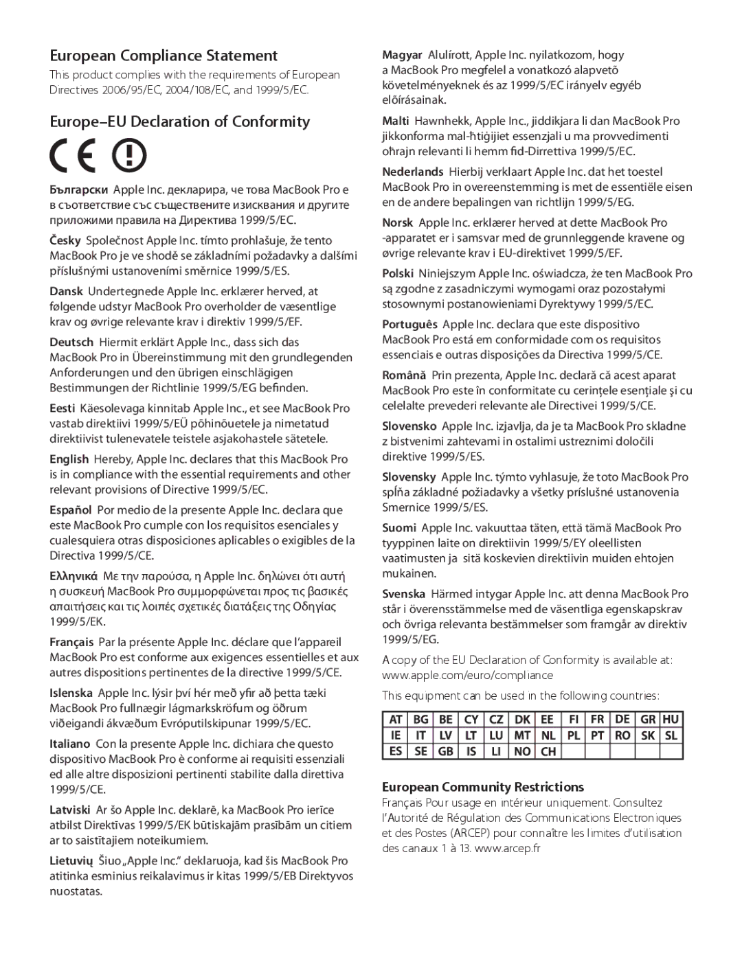 Apple MD103LL/A, MD101LL/A, MD102LL/A, MD104LL/A manual European Compliance Statement, Europe-EU Declaration of Conformity 