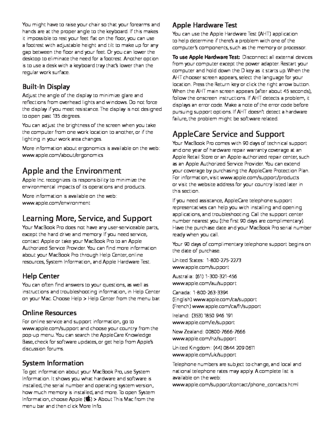 Apple MD101LL/A Apple and the Environment, Learning More, Service, and Support, AppleCare Service and Support, Help Center 