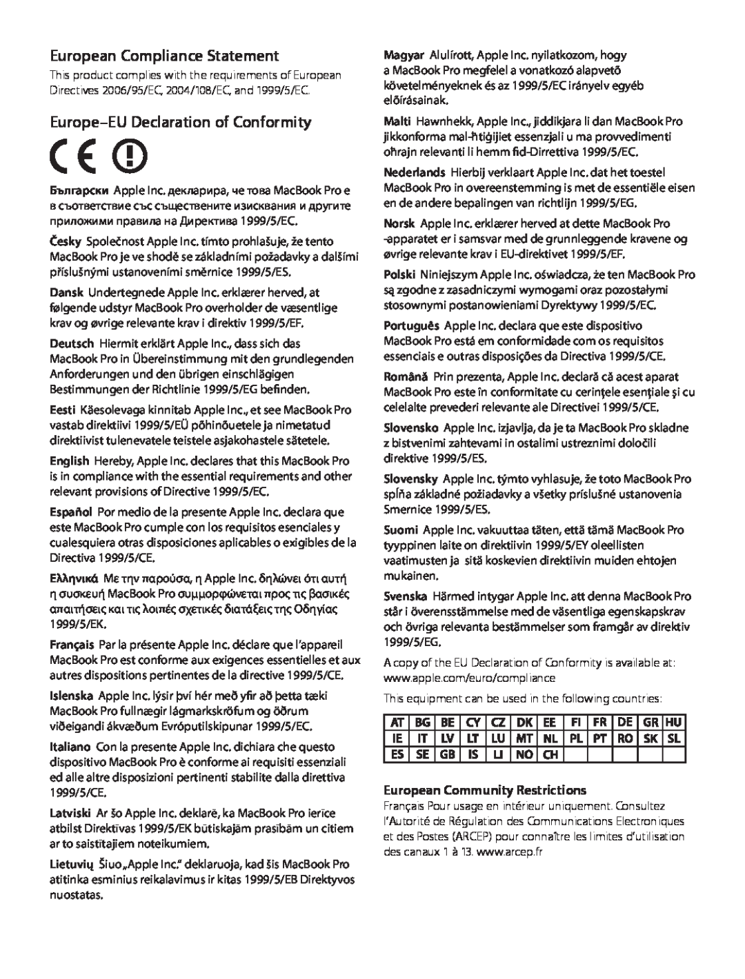 Apple MD103LL/A manual European Compliance Statement, Europe-EU Declaration of Conformity, European Community Restrictions 
