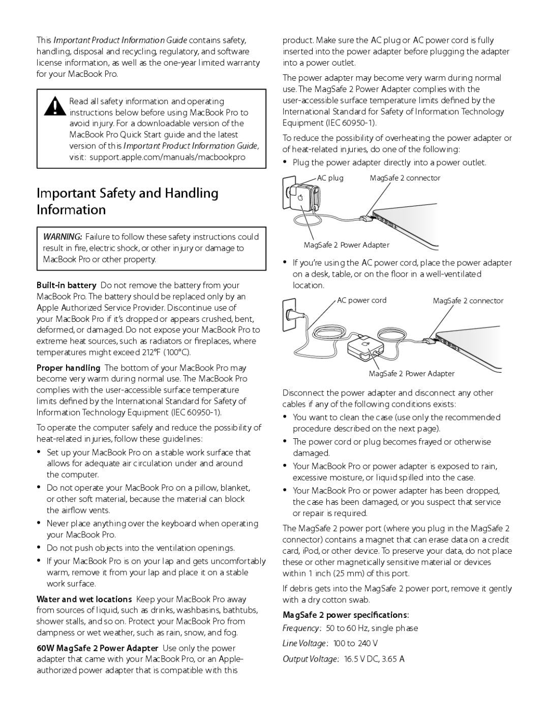 Apple MD101LL/A, MD212LL/A manual Important Safety and Handling Information, Output Voltage 16.5 V DC, 3.65 a 