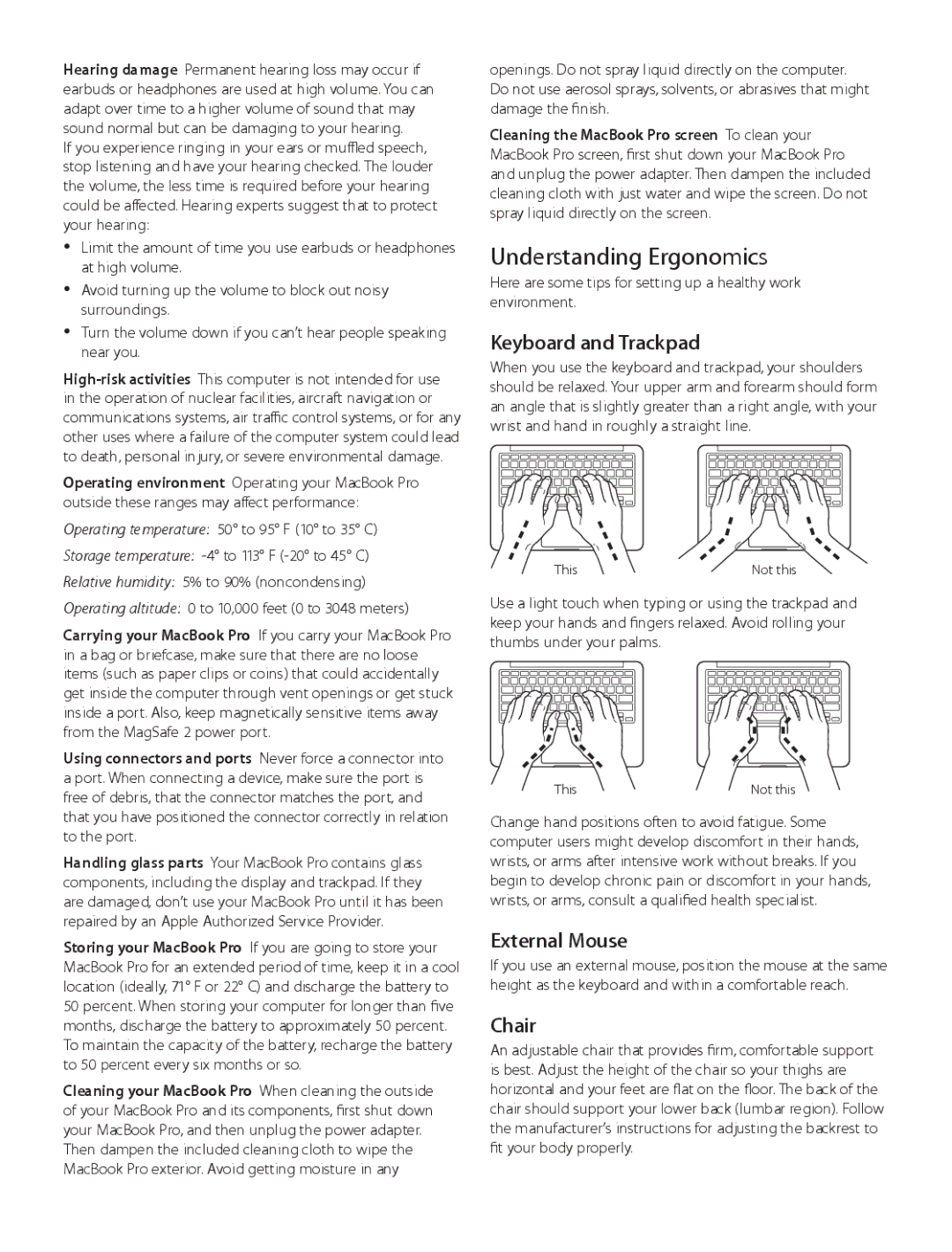 Apple MD212LL/A, MD101LL/A manual Understanding Ergonomics, Keyboard and Trackpad, External Mouse, Chair 