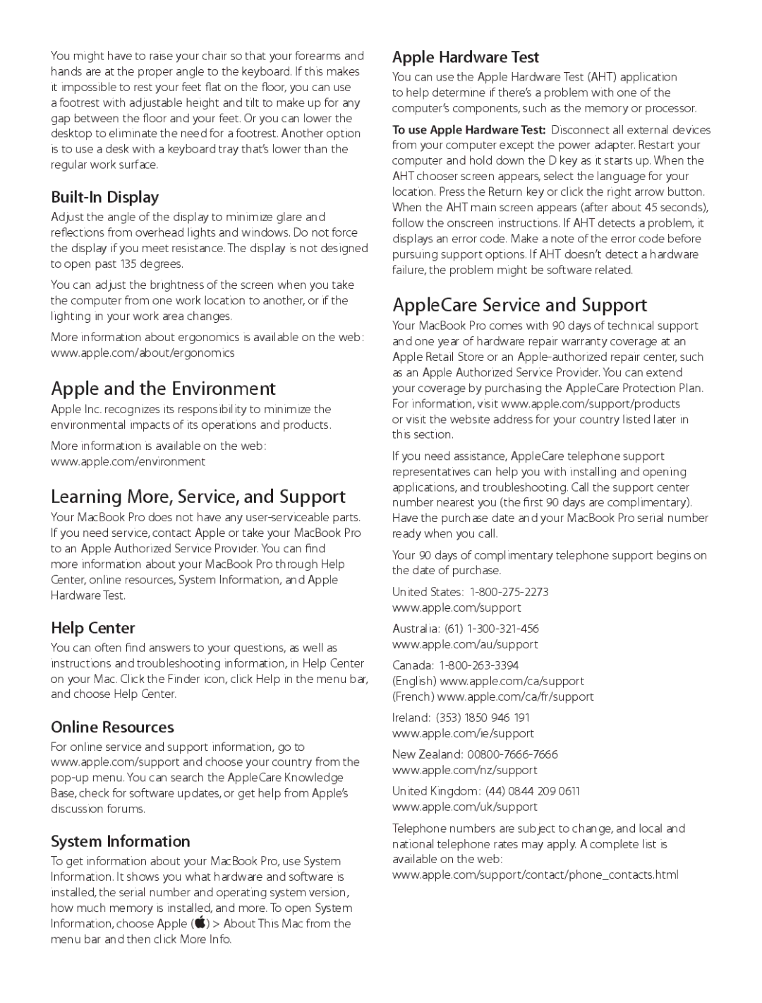 Apple MD101LL/A, MD212LL/A Apple and the Environment, Learning More, Service, and Support, AppleCare Service and Support 