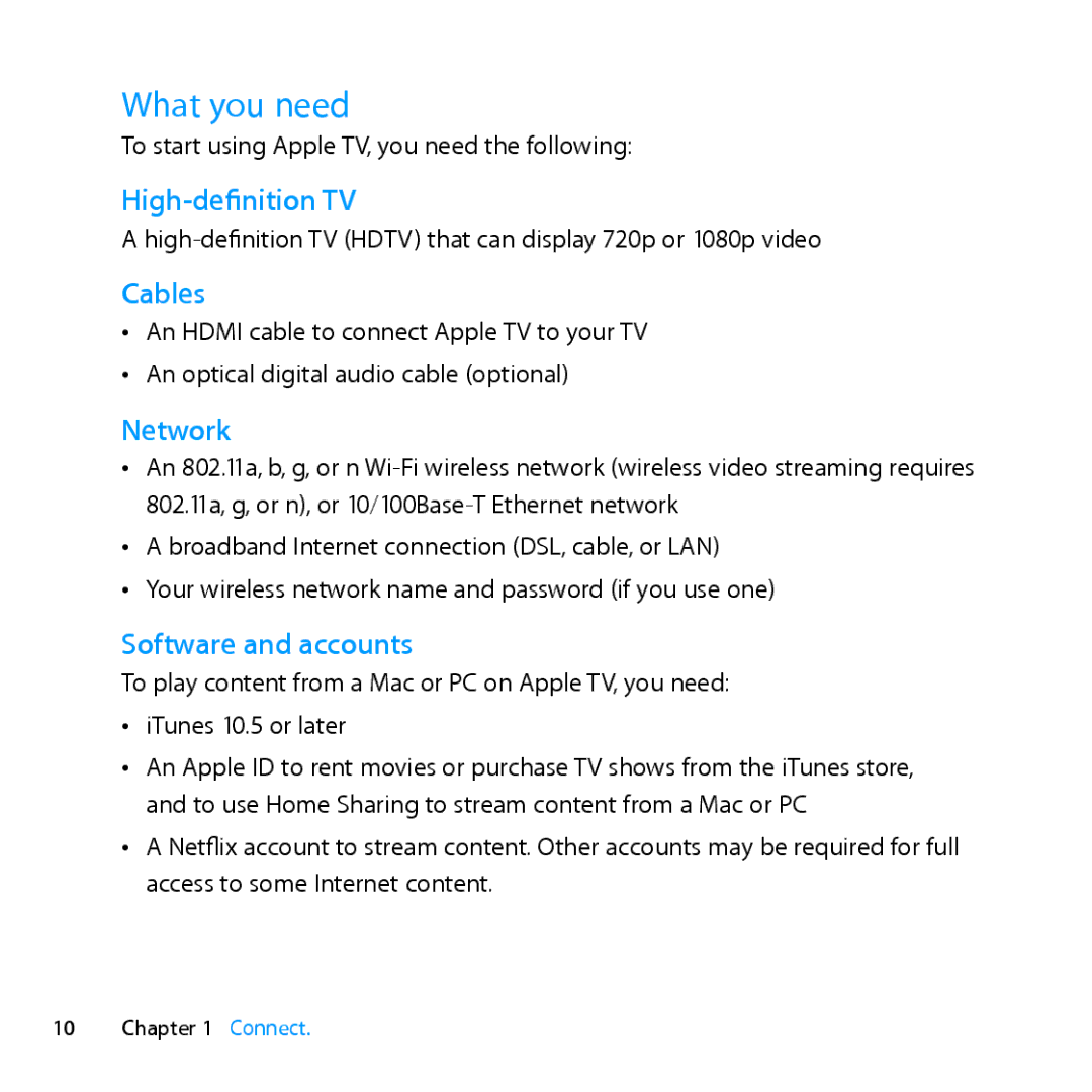 Apple MD199LL/A manual What you need, High-definition TV, Cables, Network, Software and accounts 