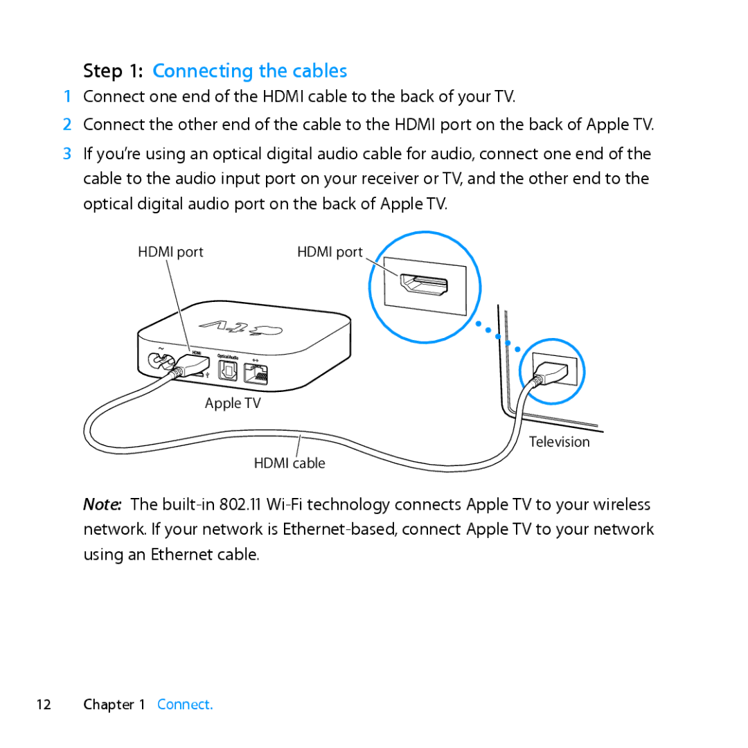 Apple MD199LL/A manual Connecting the cables, Connect one end of the Hdmi cable to the back of your TV 