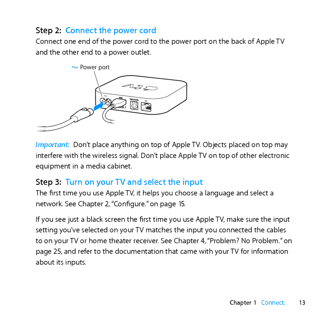 Apple MD199LL/A manual Connect the power cord, Turn on your TV and select the input 