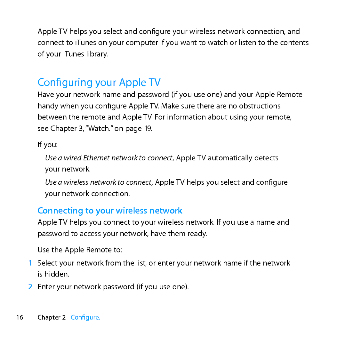 Apple MD199LL/A manual Configuring your Apple TV, Connecting to your wireless network 