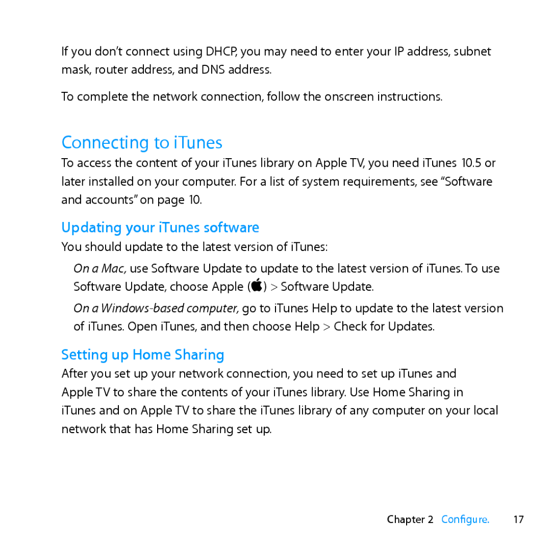 Apple MD199LL/A manual Connecting to iTunes, Updating your iTunes software, Setting up Home Sharing 