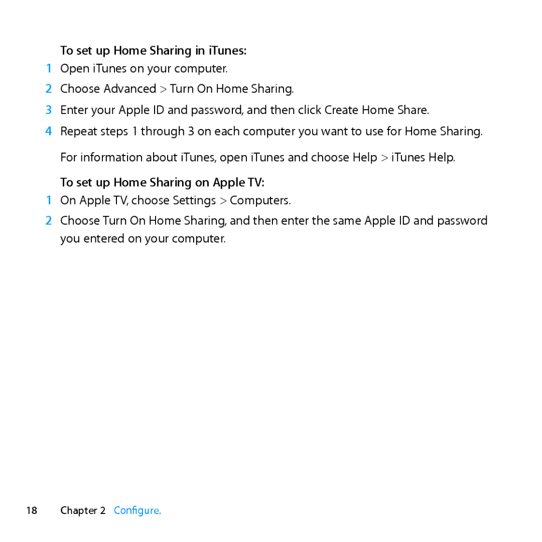 Apple MD199LL/A manual To set up Home Sharing in iTunes, To set up Home Sharing on Apple TV 