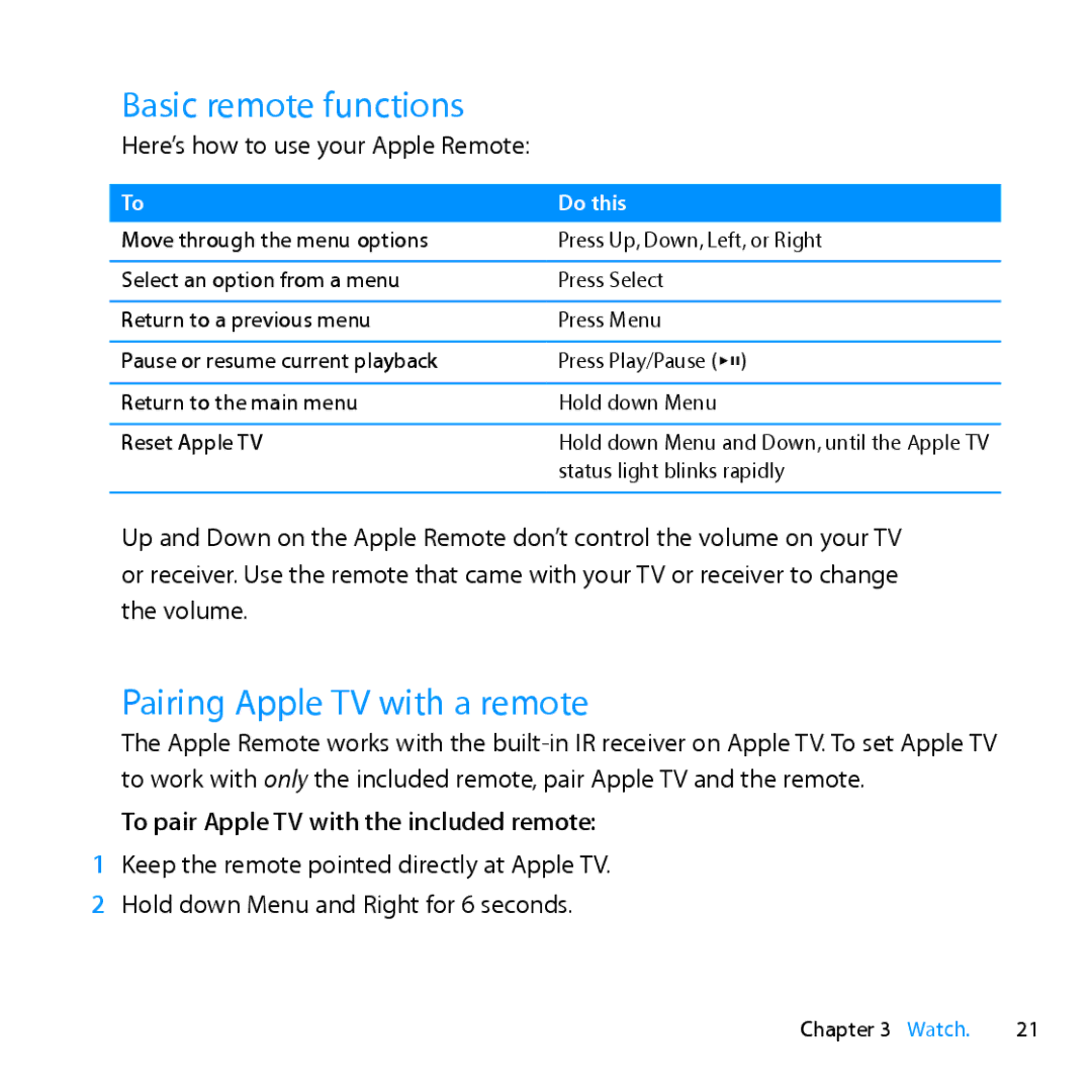 Apple MD199LL/A manual Basic remote functions, Pairing Apple TV with a remote, To pair Apple TV with the included remote 