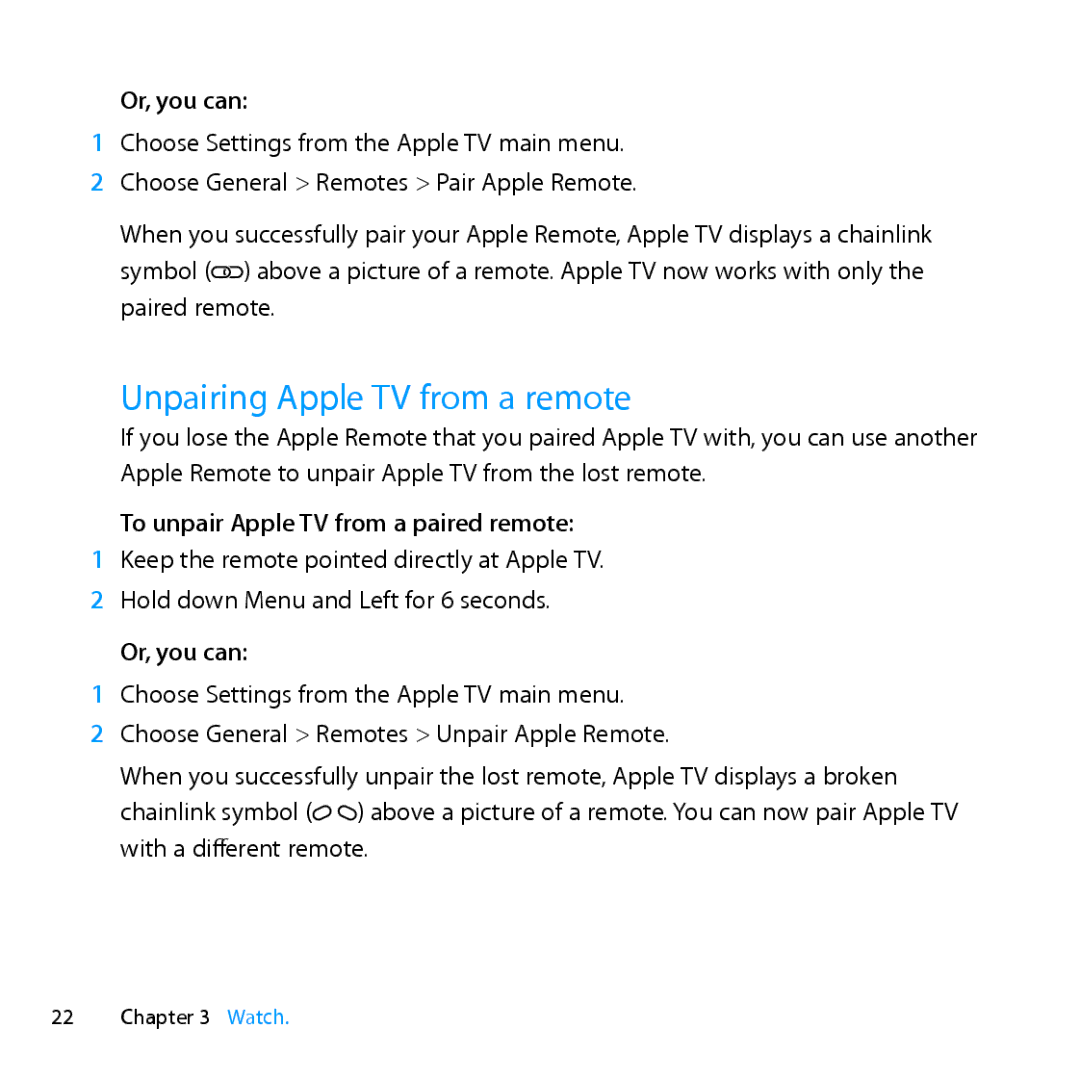 Apple MD199LL/A manual Unpairing Apple TV from a remote, Or, you can, To unpair Apple TV from a paired remote 