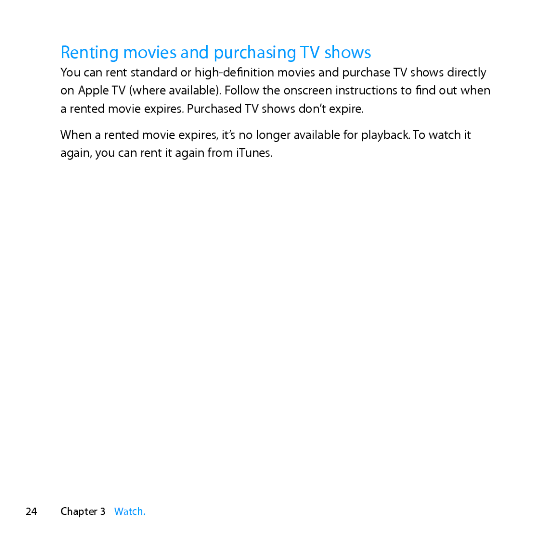 Apple MD199LL/A manual Renting movies and purchasing TV shows 