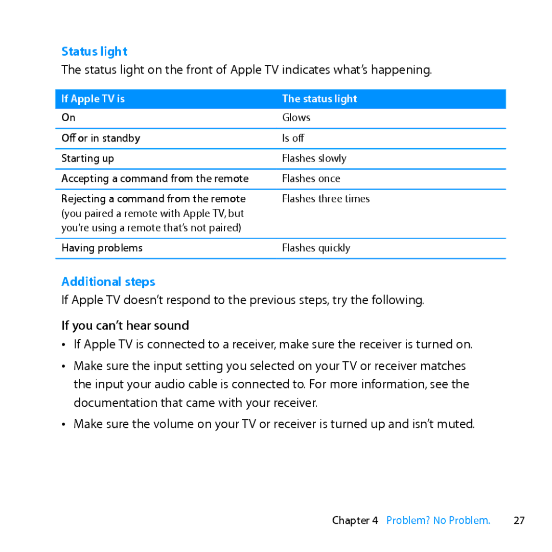 Apple MD199LL/A manual Status light, If you can’t hear sound 