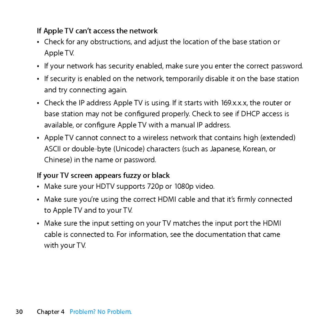 Apple MD199LL/A manual If Apple TV can’t access the network, If your TV screen appears fuzzy or black 