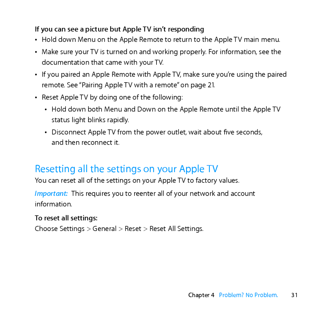 Apple MD199LL/A manual Resetting all the settings on your Apple TV, If you can see a picture but Apple TV isn’t responding 