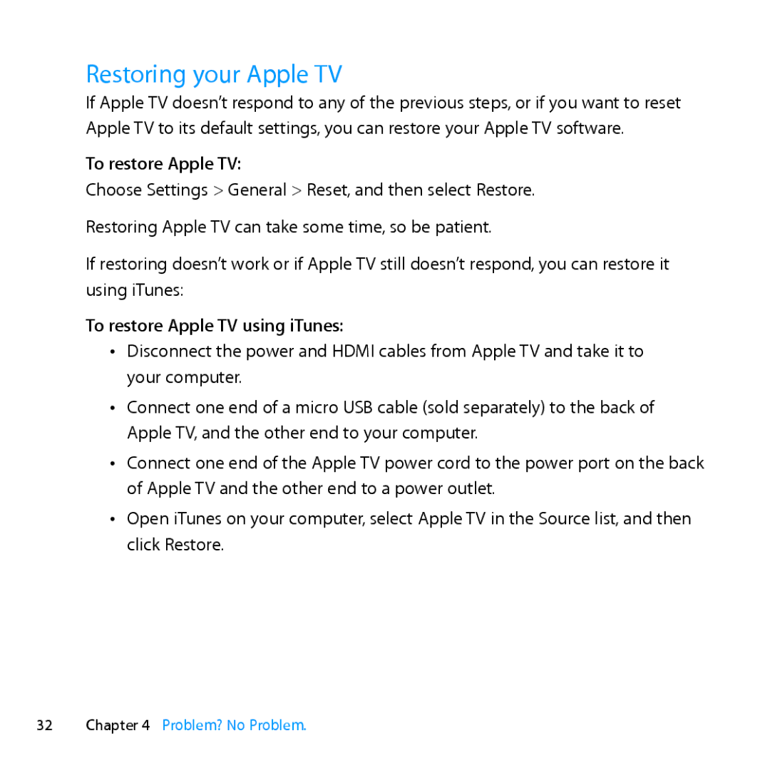 Apple MD199LL/A manual Restoring your Apple TV, To restore Apple TV using iTunes 