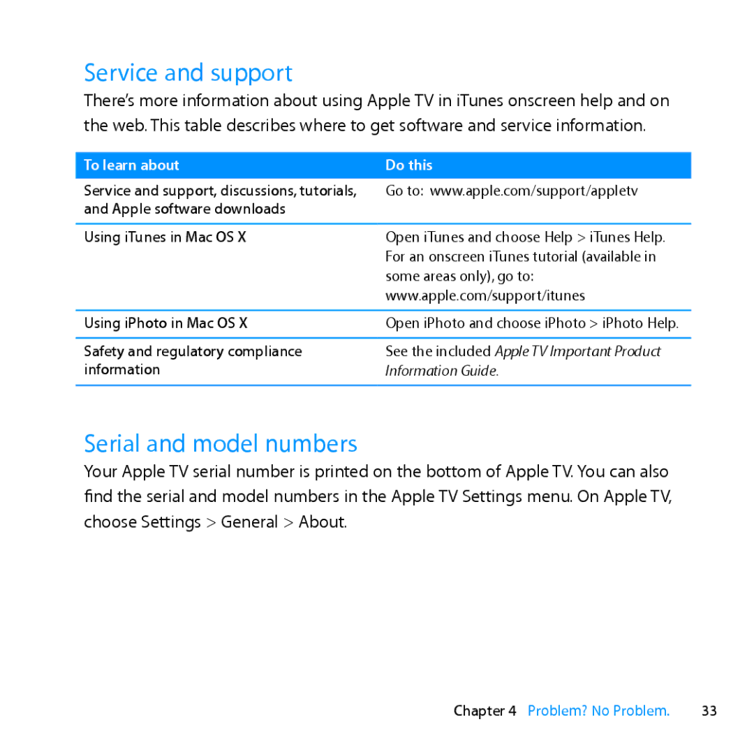 Apple MD199LL/A manual Service and support, Serial and model numbers 